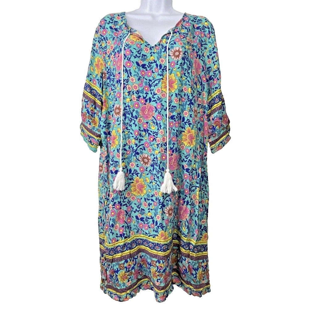 Women's Floral Dress Size L Boho‎ Hippie Cottagecore Beachie Fairy Gypsy Tassels